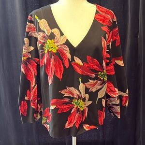NWT TRINA TURK Floral V-Neck Women's Top - Red and Black